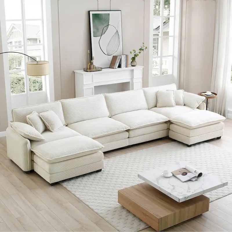 6-Piece Corduroy U-Shaped Modular Sectional Sofa with 2 Ottomans, Memory Foam, Removable Armrests, Modern Retro Style