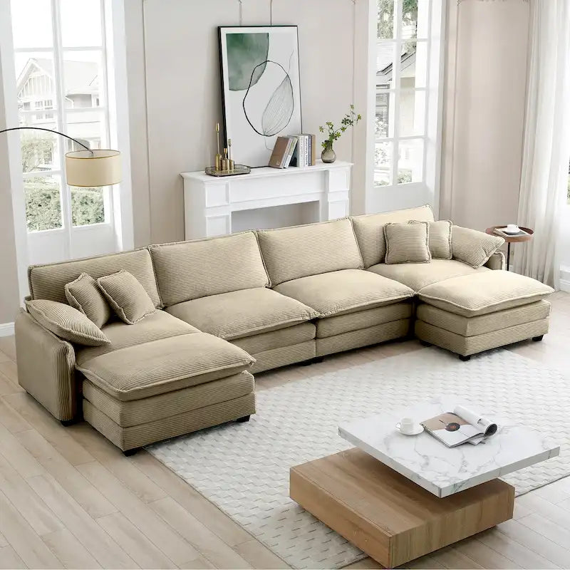6-Piece Corduroy U-Shaped Modular Sectional Sofa with 2 Ottomans, Memory Foam, Removable Armrests, Modern Retro Style