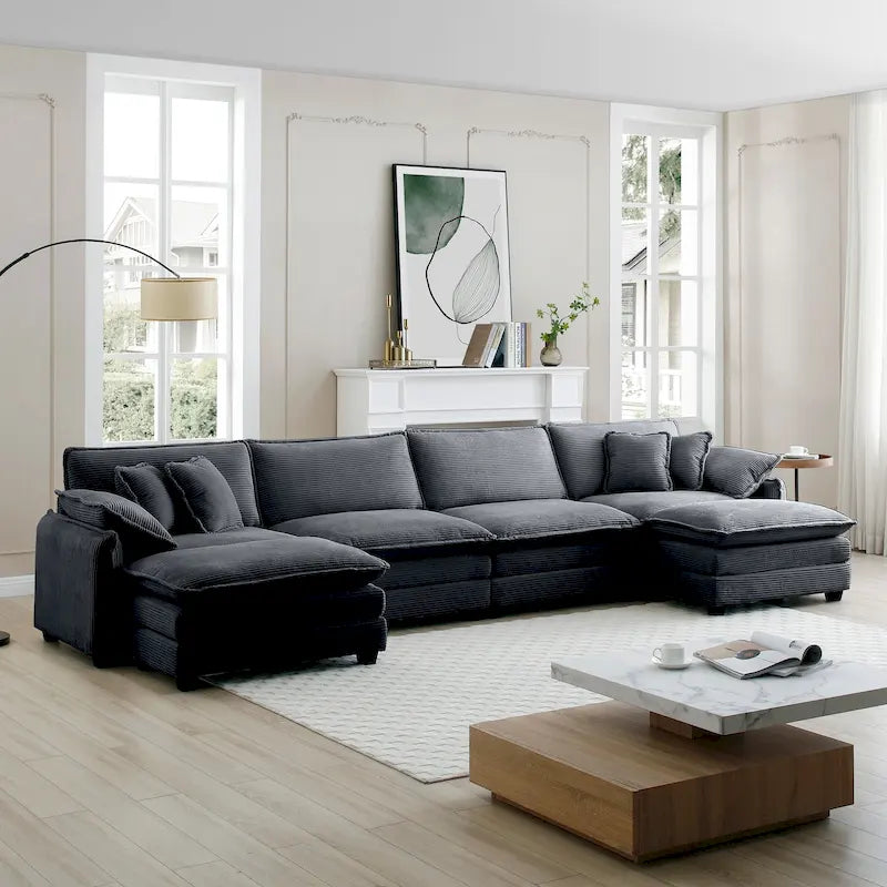 6-Piece Corduroy U-Shaped Modular Sectional Sofa with 2 Ottomans, Memory Foam, Removable Armrests, Modern Retro Style