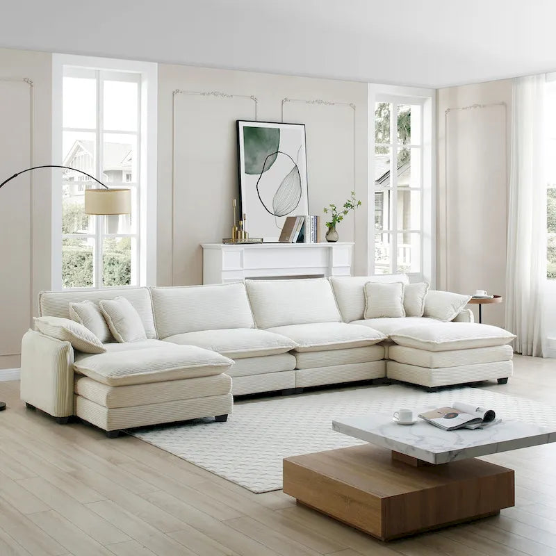 6-Piece Corduroy U-Shaped Modular Sectional Sofa with 2 Ottomans, Memory Foam, Removable Armrests, Modern Retro Style