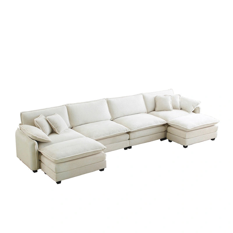 6-Piece Corduroy U-Shaped Modular Sectional Sofa with 2 Ottomans, Memory Foam, Removable Armrests, Modern Retro Style