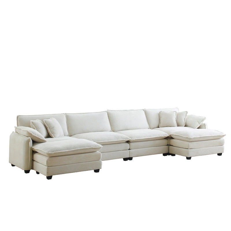 6-Piece Corduroy U-Shaped Modular Sectional Sofa with 2 Ottomans, Memory Foam, Removable Armrests, Modern Retro Style
