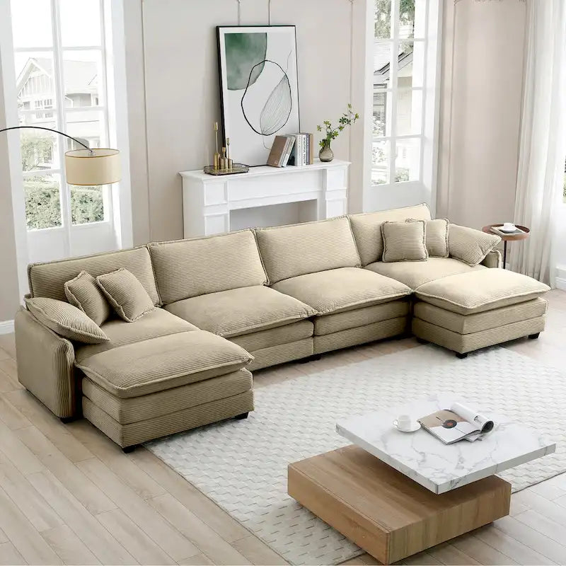 6-Piece Corduroy U-Shaped Modular Sectional Sofa with 2 Ottomans, Memory Foam, Removable Armrests, Modern Retro Style