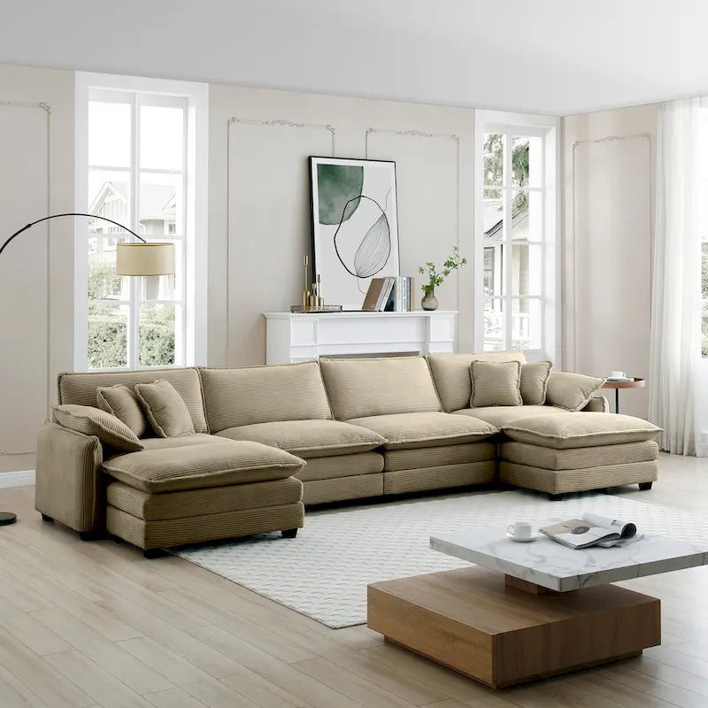 6-Piece Corduroy U-Shaped Modular Sectional Sofa with 2 Ottomans, Memory Foam, Removable Armrests, Modern Retro Style