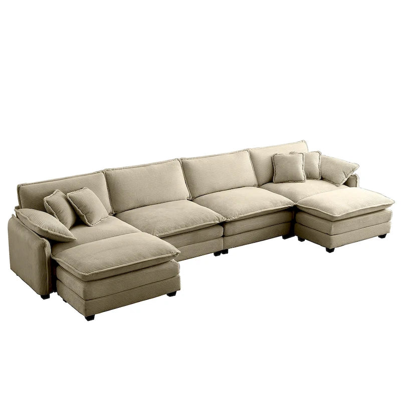 6-Piece Corduroy U-Shaped Modular Sectional Sofa with 2 Ottomans, Memory Foam, Removable Armrests, Modern Retro Style
