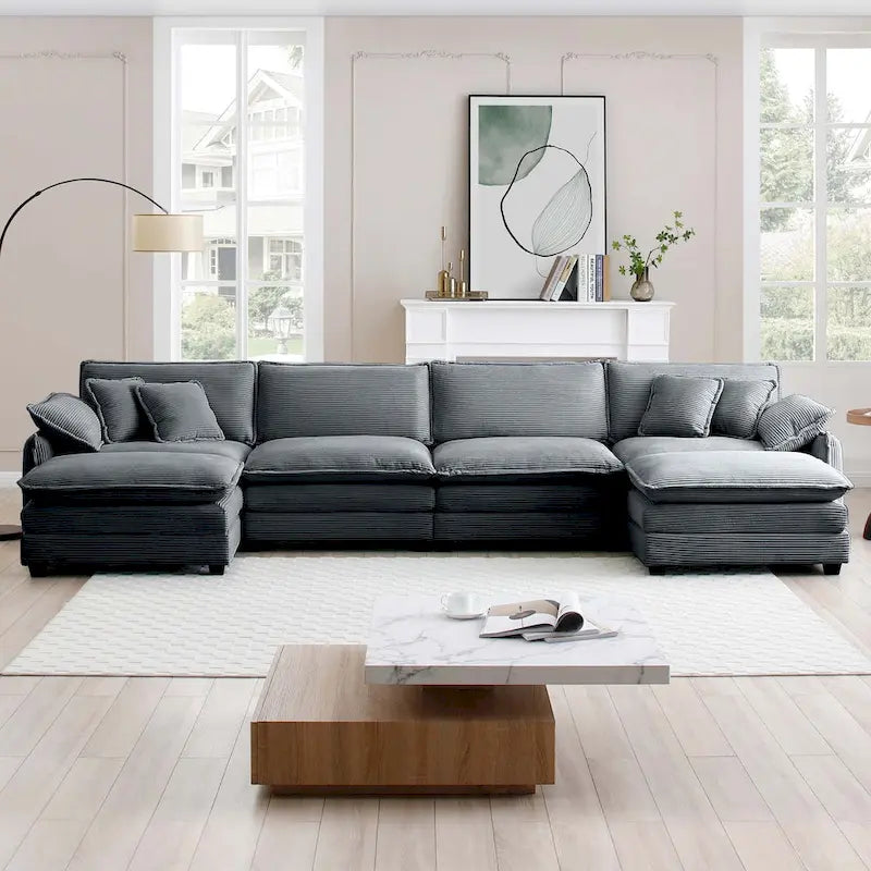 6-Piece Corduroy U-Shaped Modular Sectional Sofa with 2 Ottomans, Memory Foam, Removable Armrests, Modern Retro Style