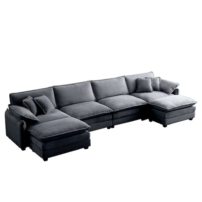 6-Piece Corduroy U-Shaped Modular Sectional Sofa with 2 Ottomans, Memory Foam, Removable Armrests, Modern Retro Style