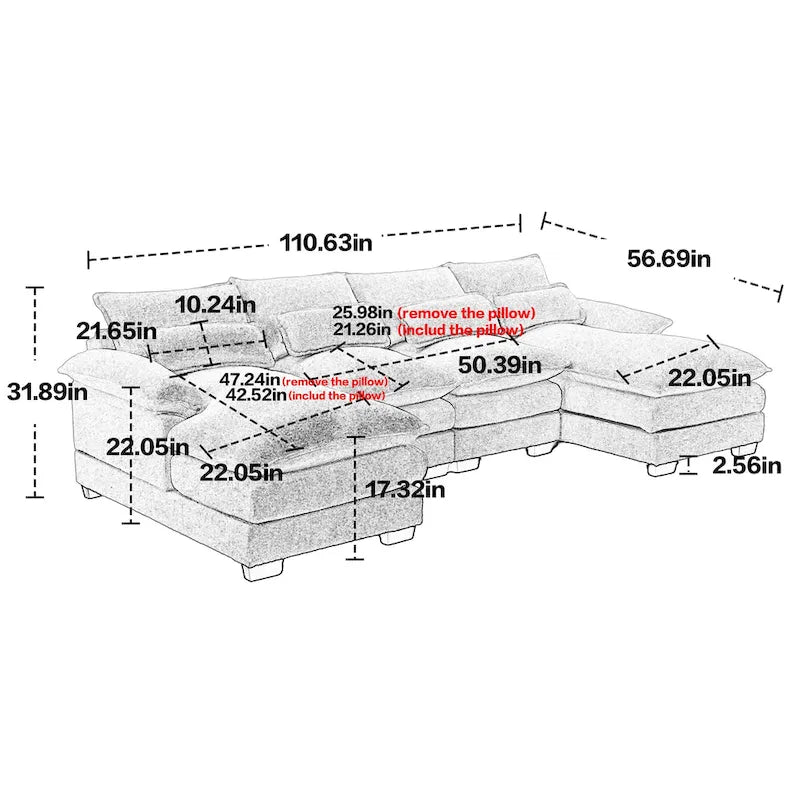 Large Modular U-Shape Sectional Sofa, 110.6"L x 56.7"D, Chenille, 500 LBS Capacity, Removable Cushions, Gray