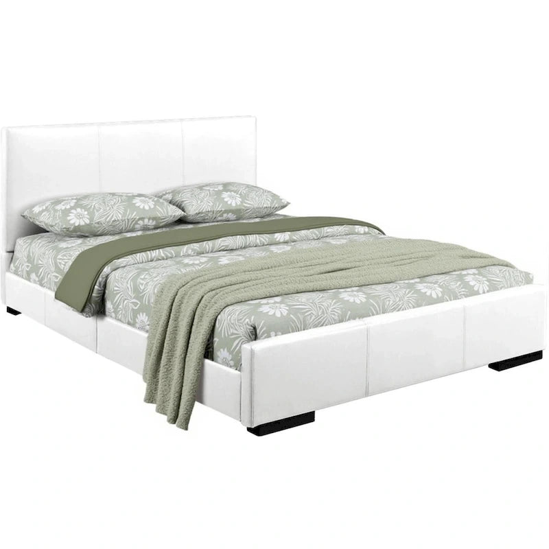 King Size White Faux Leather Upholstered Bed Frame with Headboard - Contemporary Style, Raised Legs, 10" Mattress