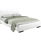 King Size White Faux Leather Upholstered Bed Frame with Headboard - Contemporary Style, Raised Legs, 10" Mattress