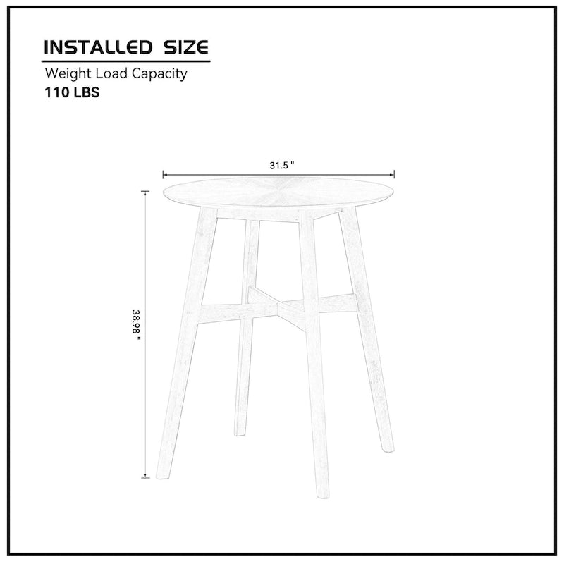 31.5" Round Bar Table - 38.98"H - Solid Rubber Wood Legs - Reinforced Crossbar - Grain Veneer Top - Modern Style - Kitchen Cafe Bar Living Room - Easy Assembly