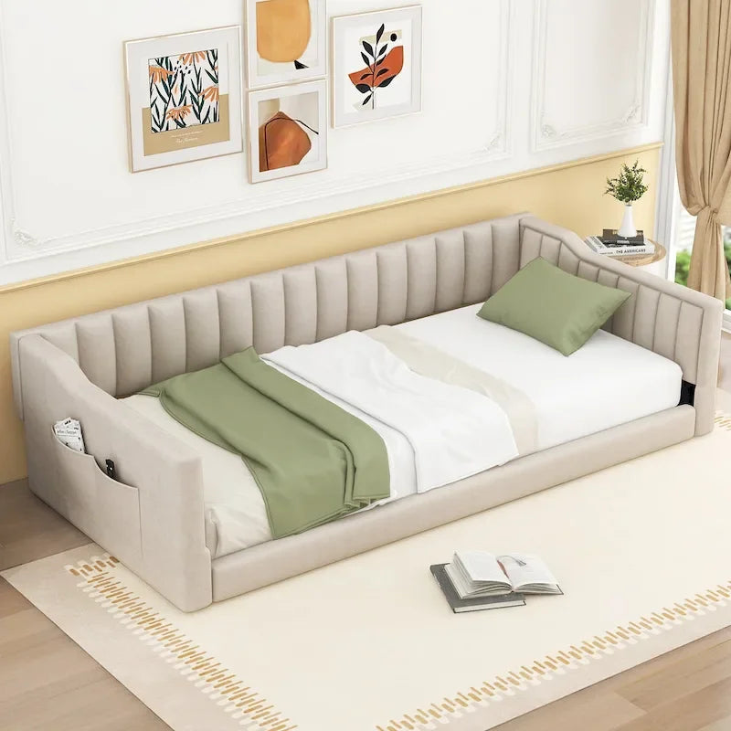 Twin XL Size Upholstery Daybed and Side Storage pocket