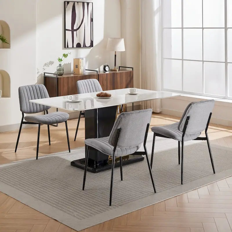 Mid-Century Modern Dining Chairs Set of 2, Linen Upholstered Armless Chairs with Metal Legs