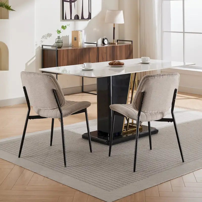 Mid-Century Modern Dining Chairs Set of 2, Linen Upholstered Armless Chairs with Metal Legs