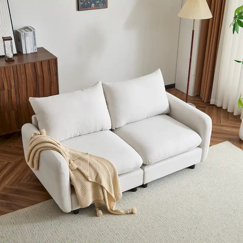 Modern 2-Seater Modular Sectional Loveseat - 69" Wide Eucalyptus Wood Frame, White Sand Fabric, S-Shaped Springs - Left & Right Arm Chairs