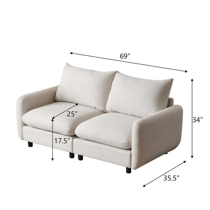 Modern 2-Seater Modular Sectional Loveseat - 69" Wide Eucalyptus Wood Frame, White Sand Fabric, S-Shaped Springs - Left & Right Arm Chairs