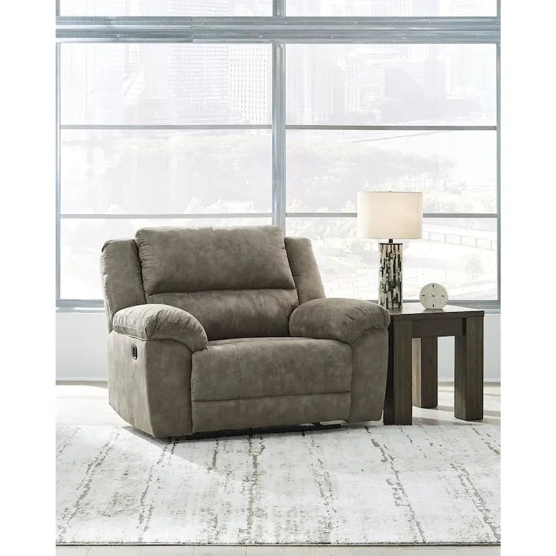 Oversized Recliner Chair, Brown Faux Leather, Pull Tab Reclining, High-Resiliency Foam, Wide Seating for Two