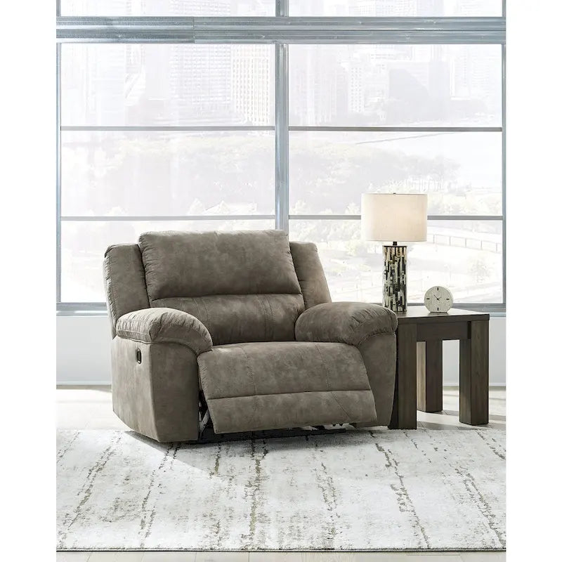 Oversized Recliner Chair, Brown Faux Leather, Pull Tab Reclining, High-Resiliency Foam, Wide Seating for Two