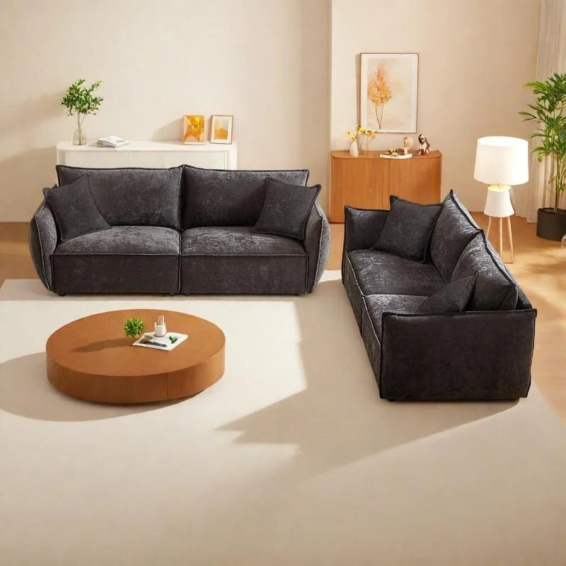 Convertible Sleeper Sofa - 88" Chenille-Cotton Blend, Solid Wood Frame, 750 lbs Per Seat, 2 Pillows, Quick Assembly