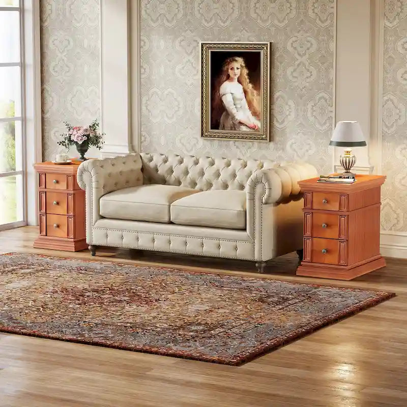 Narrow End Table with 3 Drawers, 23.6"D x 14.2"W x 24.8"H, Vintage Japanese Minimalist Style, Engineered Wood