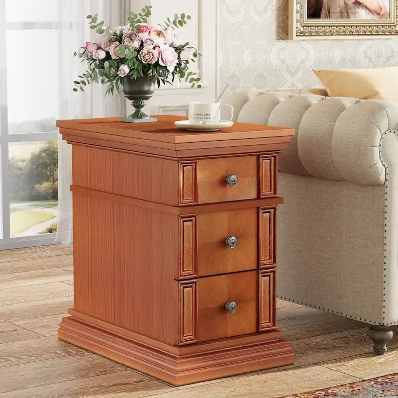 Narrow End Table with 3 Drawers, 23.6"D x 14.2"W x 24.8"H, Vintage Japanese Minimalist Style, Engineered Wood