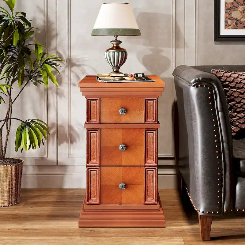 Narrow End Table with 3 Drawers, 23.6"D x 14.2"W x 24.8"H, Vintage Japanese Minimalist Style, Engineered Wood