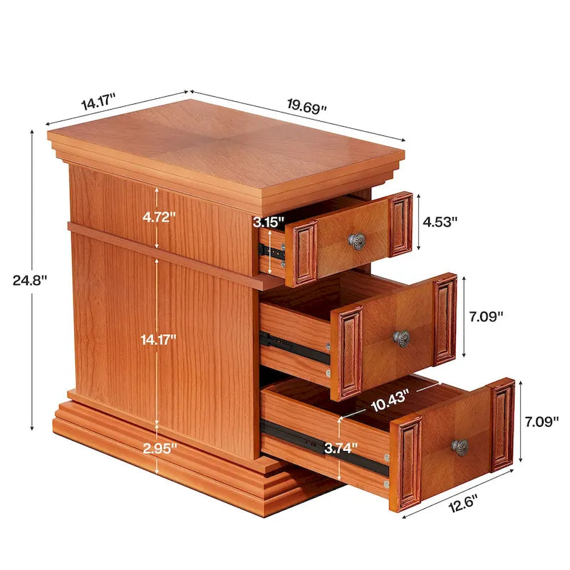 Narrow End Table with 3 Drawers, 23.6"D x 14.2"W x 24.8"H, Vintage Japanese Minimalist Style, Engineered Wood