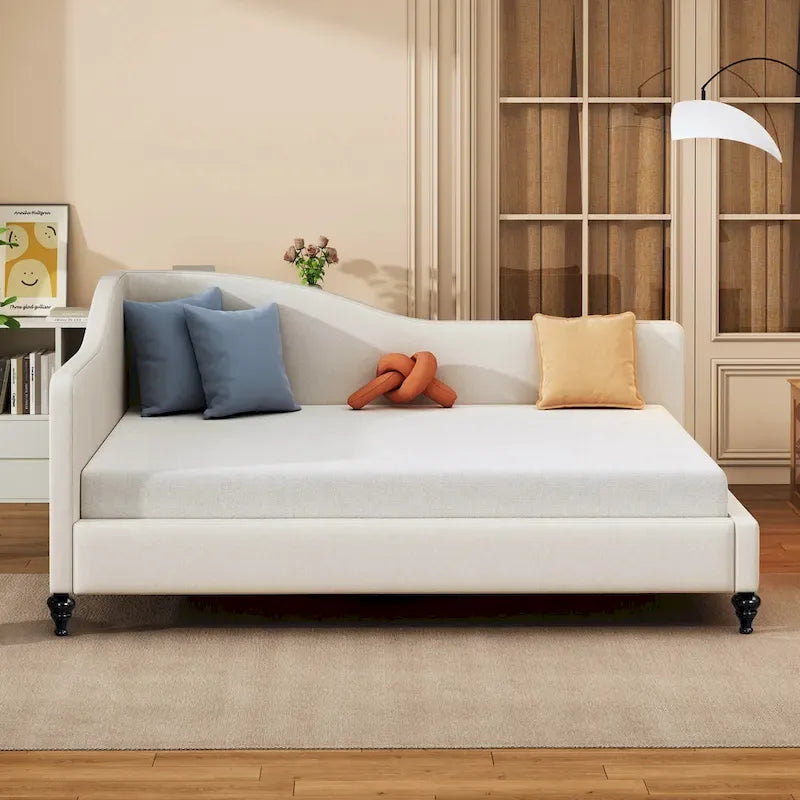 L-Shaped Semi-Enclosed Linen Daybed with Solid Wood Legs - Twin/Full, 440 lbs Capacity, 30-Min Assembly