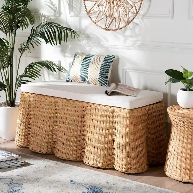 Palm Scallop Natural Rattan Ottoman with Cushion - Handwoven Wicker Bench for Living Room or Bedroom, Coastal Boho, Rectangle
