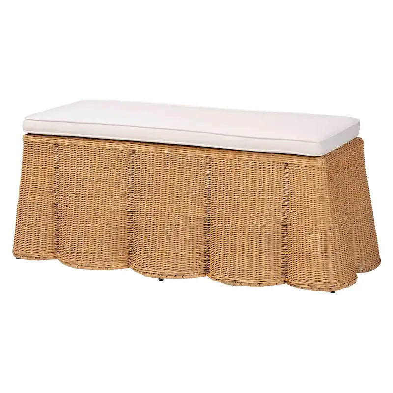 Natural Rattan Ottoman Bench with Cushion, 46"W x 23"D x 18"H, Handwoven Wicker Scallop Design, Boho Coastal Footrest