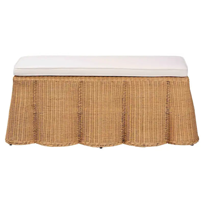 Natural Rattan Ottoman Bench with Cushion, 46"W x 23"D x 18"H, Handwoven Wicker Scallop Design, Boho Coastal Footrest