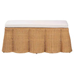 Natural Rattan Ottoman Bench with Cushion, 46"W x 23"D x 18"H, Handwoven Wicker Scallop Design, Boho Coastal Footrest