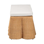 Natural Rattan Ottoman Bench with Cushion, 46"W x 23"D x 18"H, Handwoven Wicker Scallop Design, Boho Coastal Footrest