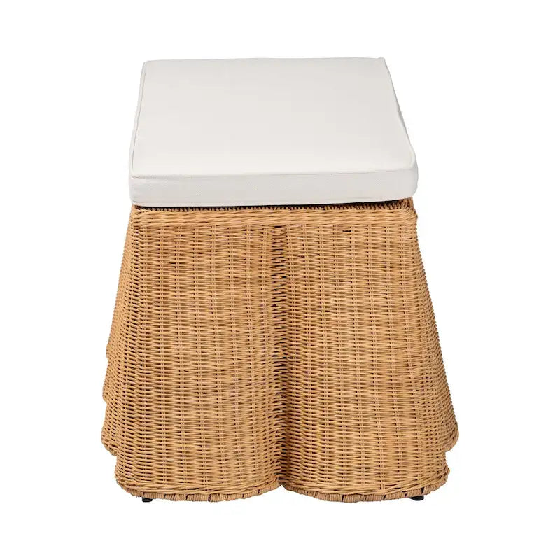 Natural Rattan Ottoman Bench with Cushion, 46"W x 23"D x 18"H, Handwoven Wicker Scallop Design, Boho Coastal Footrest
