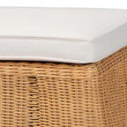Natural Rattan Ottoman Bench with Cushion, 46"W x 23"D x 18"H, Handwoven Wicker Scallop Design, Boho Coastal Footrest