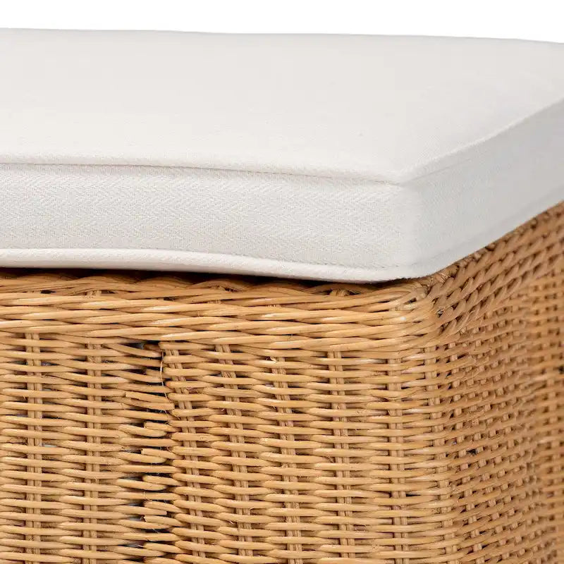 Natural Rattan Ottoman Bench with Cushion, 46"W x 23"D x 18"H, Handwoven Wicker Scallop Design, Boho Coastal Footrest