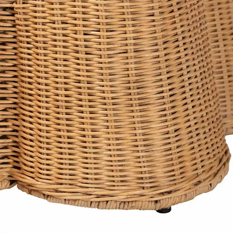 Natural Rattan Ottoman Bench with Cushion, 46"W x 23"D x 18"H, Handwoven Wicker Scallop Design, Boho Coastal Footrest