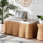 Natural Rattan Ottoman Bench with Cushion, 46"W x 23"D x 18"H, Handwoven Wicker Scallop Design, Boho Coastal Footrest