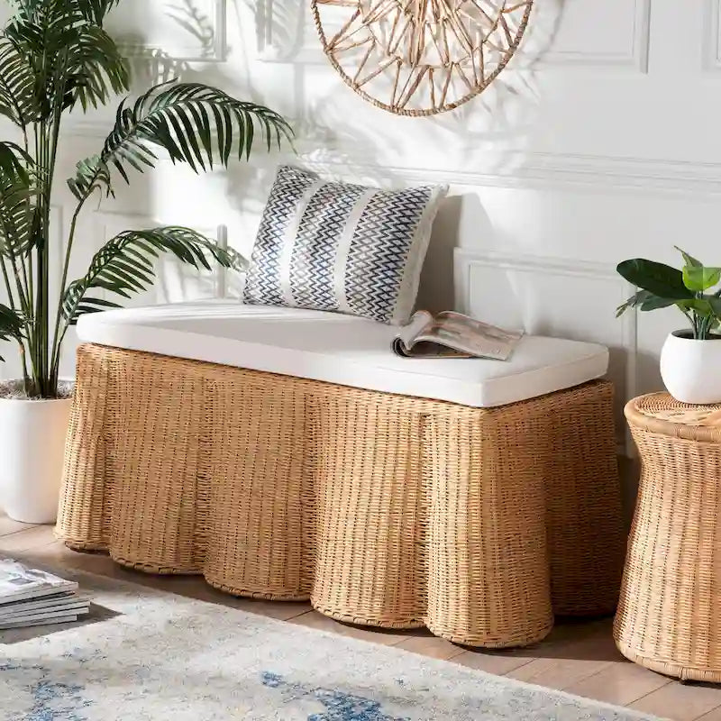 Natural Rattan Ottoman Bench with Cushion, 46"W x 23"D x 18"H, Handwoven Wicker Scallop Design, Boho Coastal Footrest