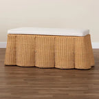 Natural Rattan Ottoman Bench with Cushion, 46"W x 23"D x 18"H, Handwoven Wicker Scallop Design, Boho Coastal Footrest