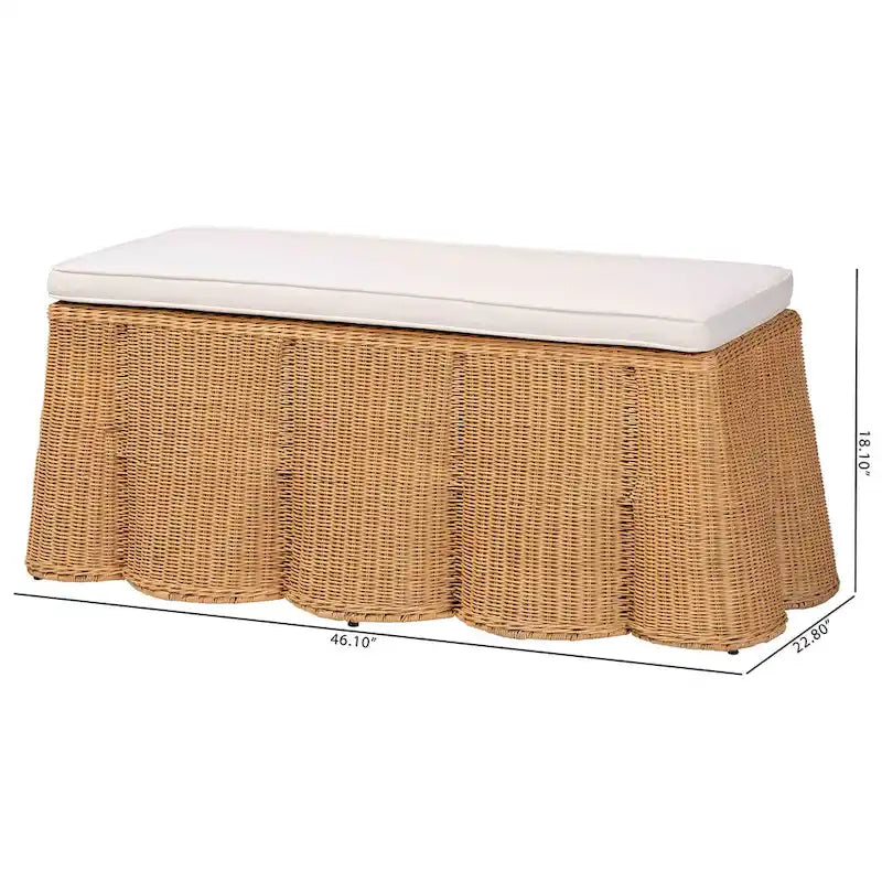 Natural Rattan Ottoman Bench with Cushion, 46"W x 23"D x 18"H, Handwoven Wicker Scallop Design, Boho Coastal Footrest