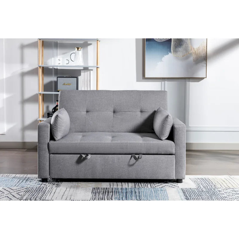 3-in-1 Convertible Sleeper Loveseat - 55" Linen Fabric Pull-Out Sofa Bed, 4 Storage Pockets, Adjustable Backrest, Light Grey - Modern Space-Saving