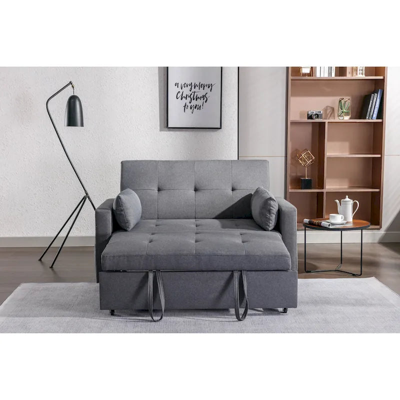 3-in-1 Convertible Sleeper Loveseat - 55" Linen Fabric Pull-Out Sofa Bed, 4 Storage Pockets, Adjustable Backrest, Light Grey - Modern Space-Saving