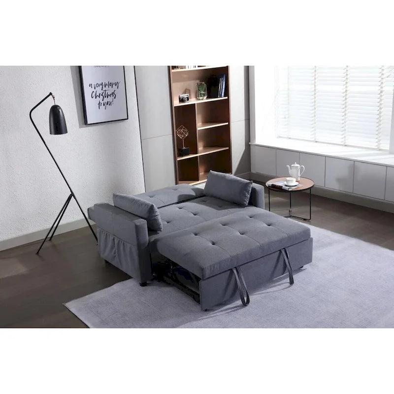3-in-1 Convertible Sleeper Loveseat - 55" Linen Fabric Pull-Out Sofa Bed, 4 Storage Pockets, Adjustable Backrest, Light Grey - Modern Space-Saving