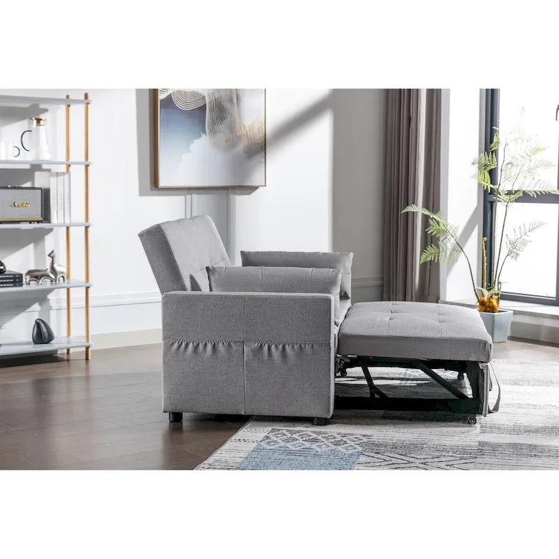 3-in-1 Convertible Sleeper Loveseat - 55" Linen Fabric Pull-Out Sofa Bed, 4 Storage Pockets, Adjustable Backrest, Light Grey - Modern Space-Saving