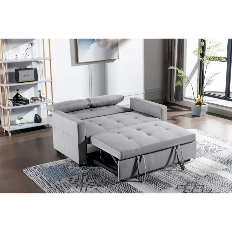3-in-1 Convertible Sleeper Loveseat - 55" Linen Fabric Pull-Out Sofa Bed, 4 Storage Pockets, Adjustable Backrest, Light Grey - Modern Space-Saving