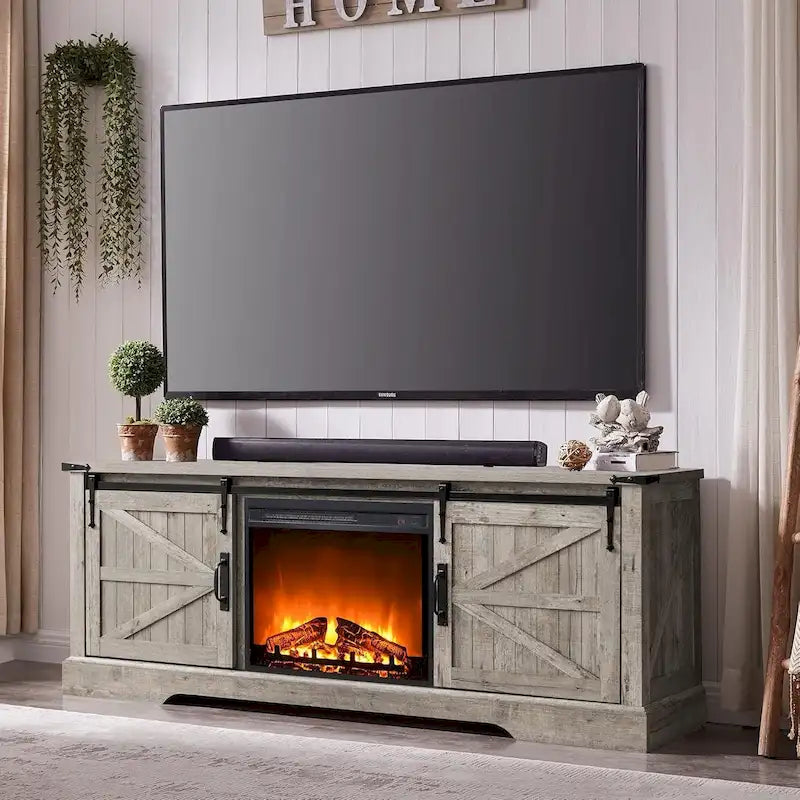 66" Farmhouse TV Stand with Electric Fireplace, Sliding Barn Doors, 75" TV, 4600 BTU, Remote Control, Rustic Style