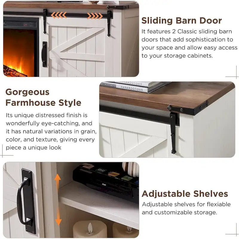66" Farmhouse TV Stand with Electric Fireplace, Sliding Barn Doors, 75" TV, 4600 BTU, Remote Control, Rustic Style