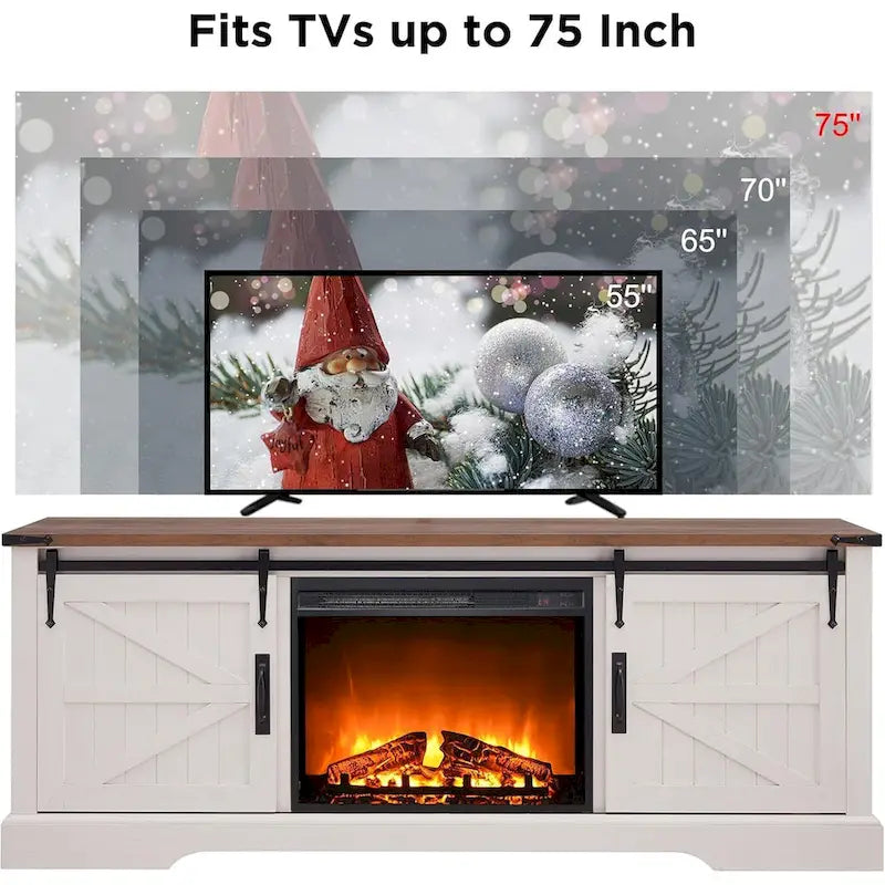 66" Farmhouse TV Stand with Electric Fireplace, Sliding Barn Doors, 75" TV, 4600 BTU, Remote Control, Rustic Style