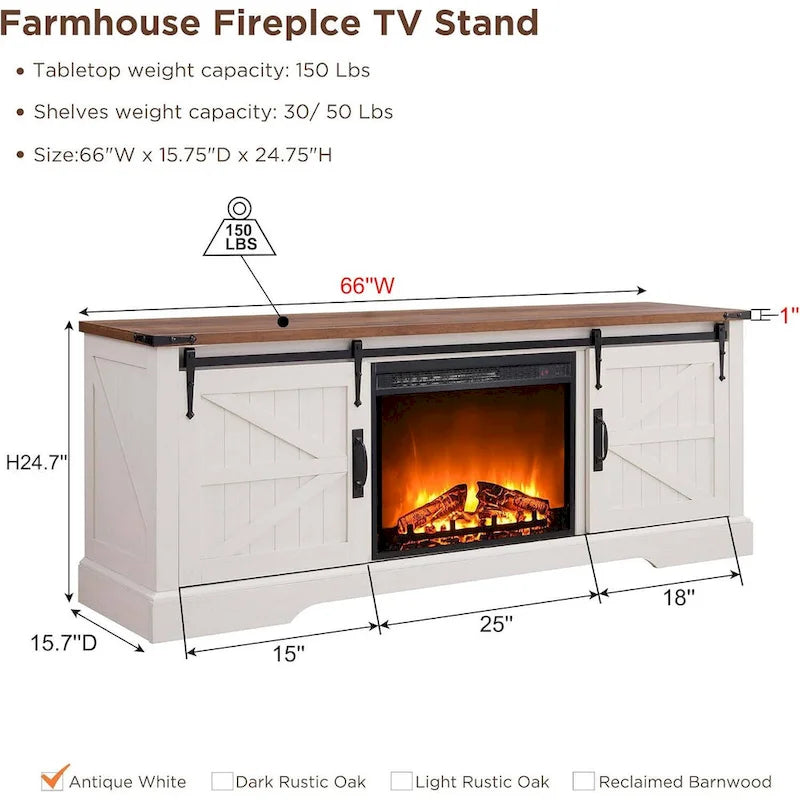 66" Farmhouse TV Stand with Electric Fireplace, Sliding Barn Doors, 75" TV, 4600 BTU, Remote Control, Rustic Style